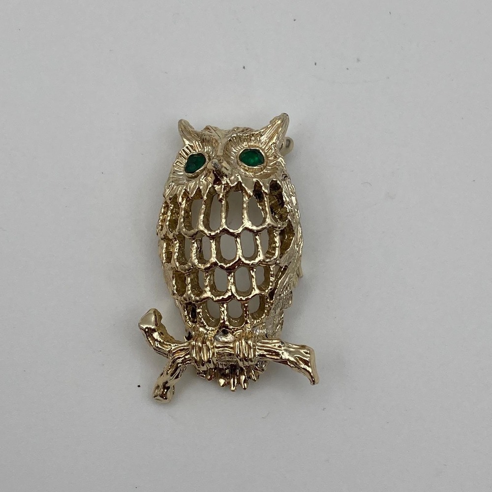 Gerry's Owl Brooch Women / Green Eye Rhinestone / Openwork Vintage
